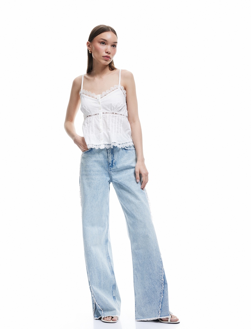   Pamuklu Geniş Paça Nervürlü Düğmeli Cep Detaylı Normal Bel Jean Pantolon - Wide Leg Jeans