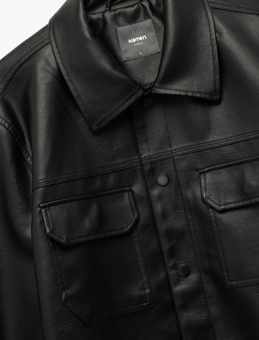   Klasik Yaka Kapaklı Cep Detaylı Uzun Kollu Slim Fit Suni Deri Ceket