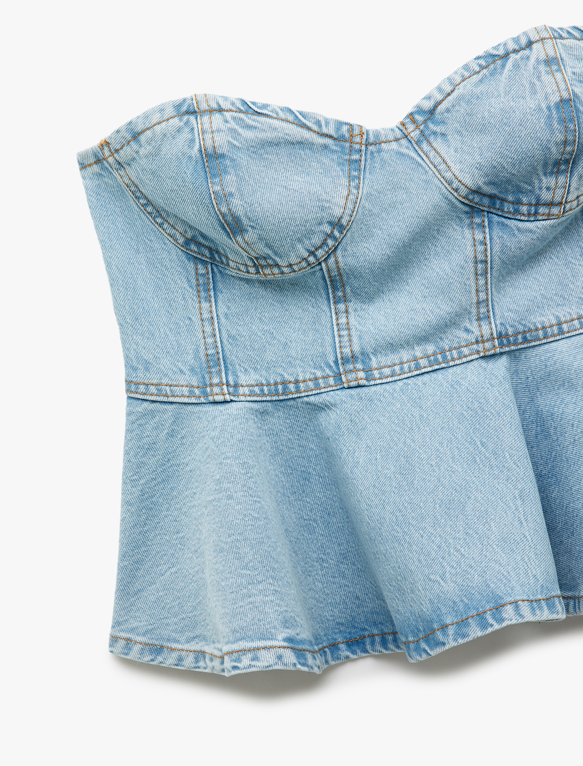   Kalp Yaka Volanlı Kolsuz Pamuklu Dar Kesim Denim Bluz