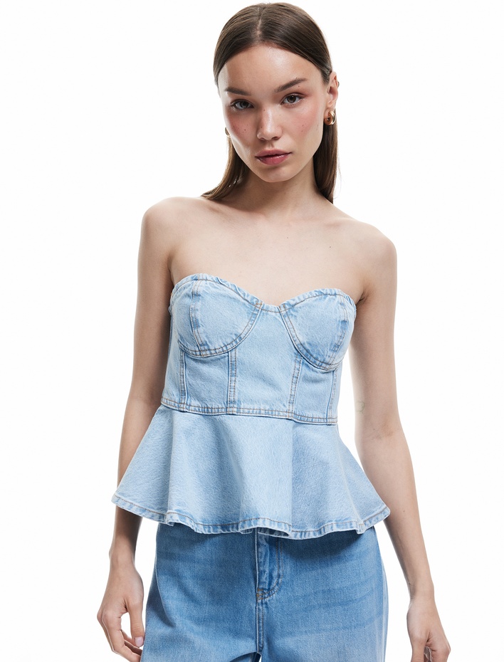  Kalp Yaka Volanlı Kolsuz Pamuklu Dar Kesim Denim Bluz