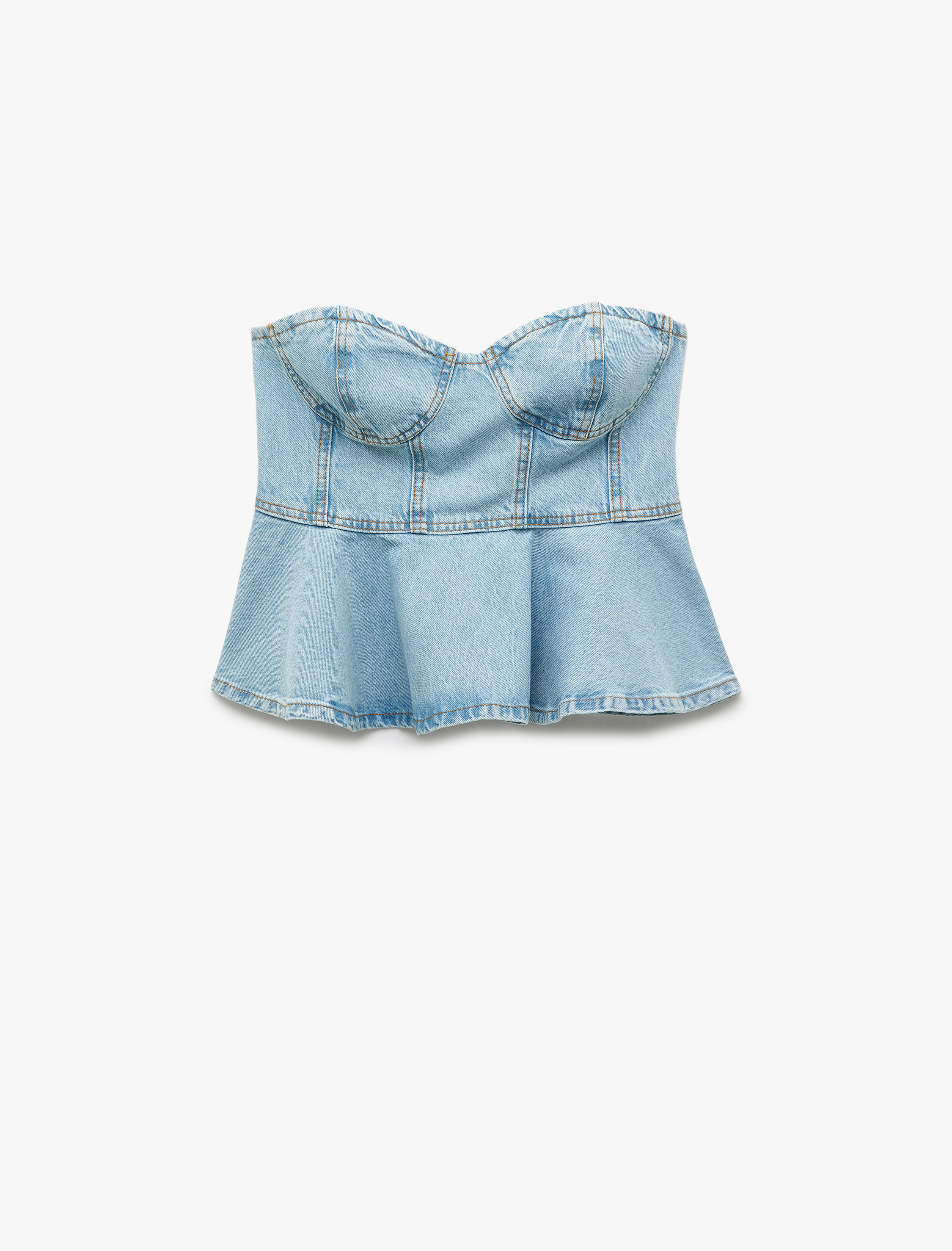   Kalp Yaka Volanlı Kolsuz Pamuklu Dar Kesim Denim Bluz