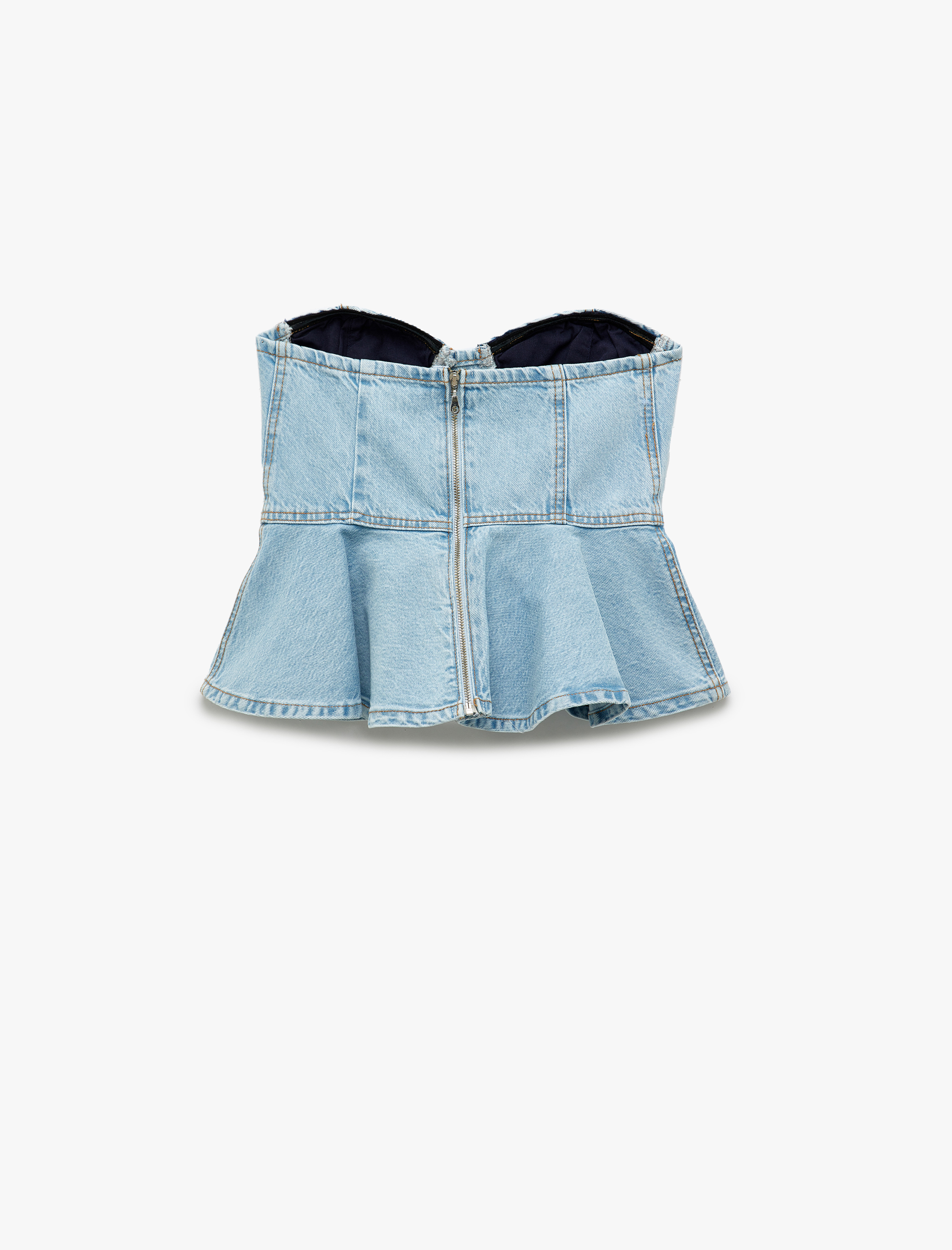   Kalp Yaka Volanlı Kolsuz Pamuklu Dar Kesim Denim Bluz