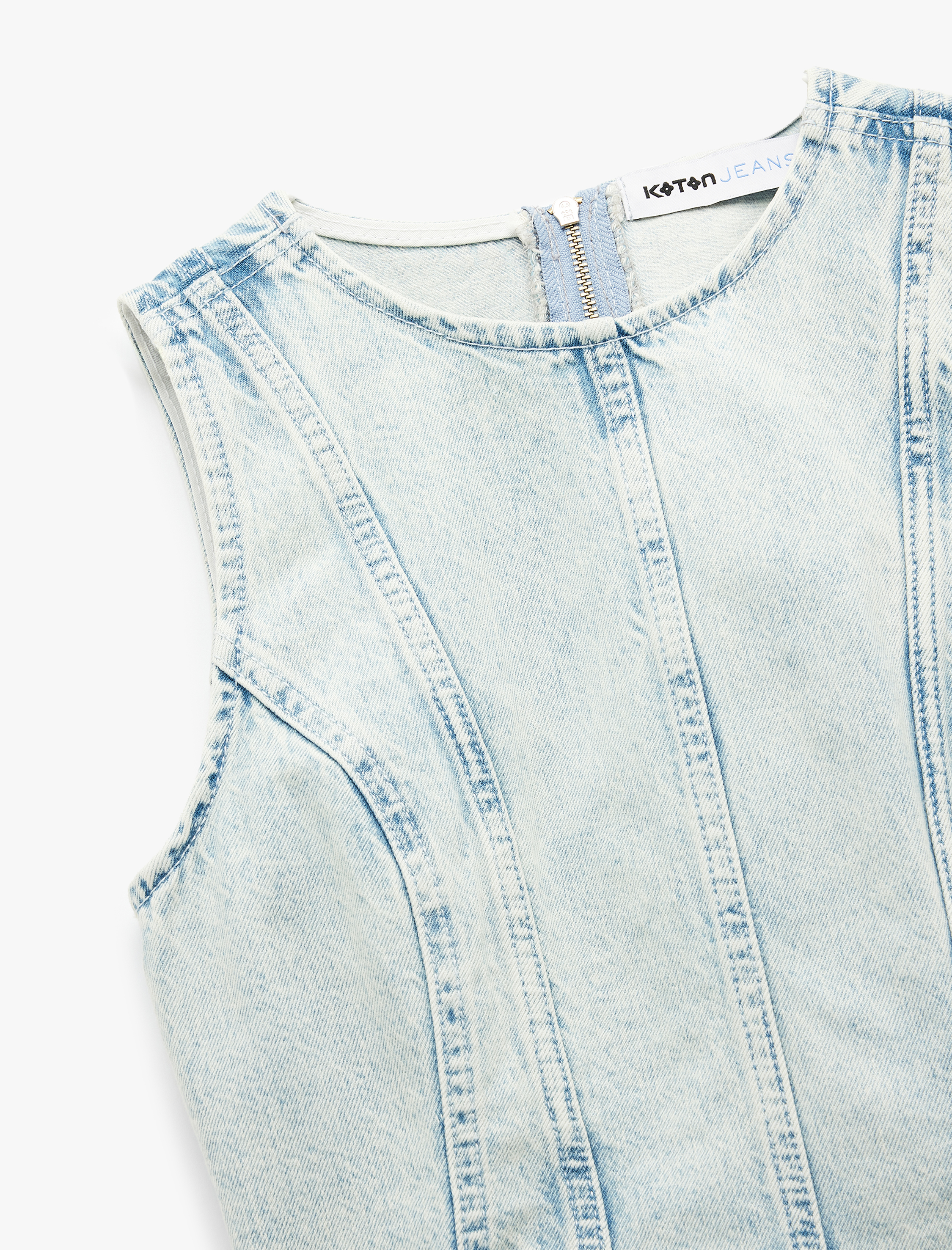   Fermuar Detaylı Bisiklet Yaka Kolsuz Denim Atlet