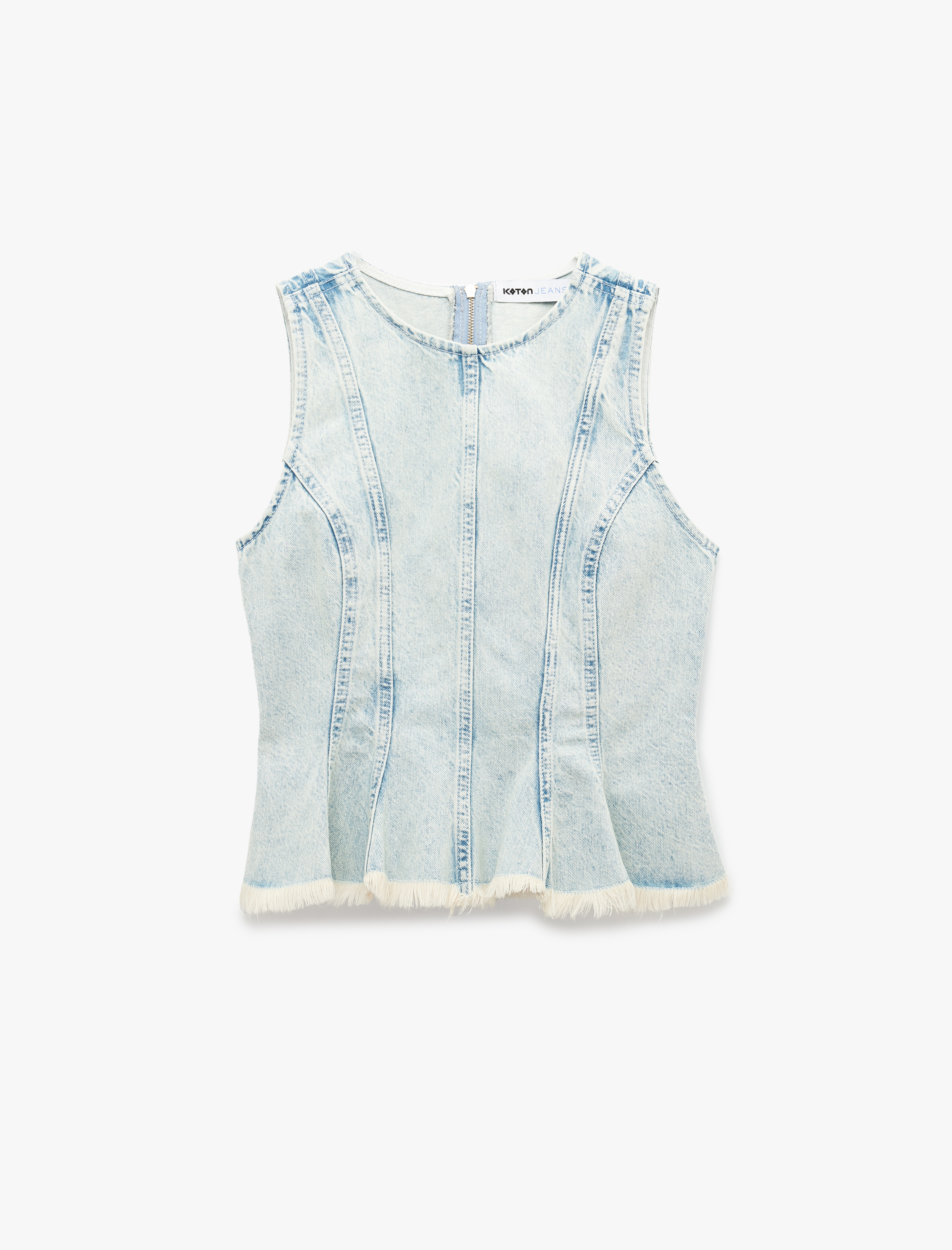   Fermuar Detaylı Bisiklet Yaka Kolsuz Denim Atlet