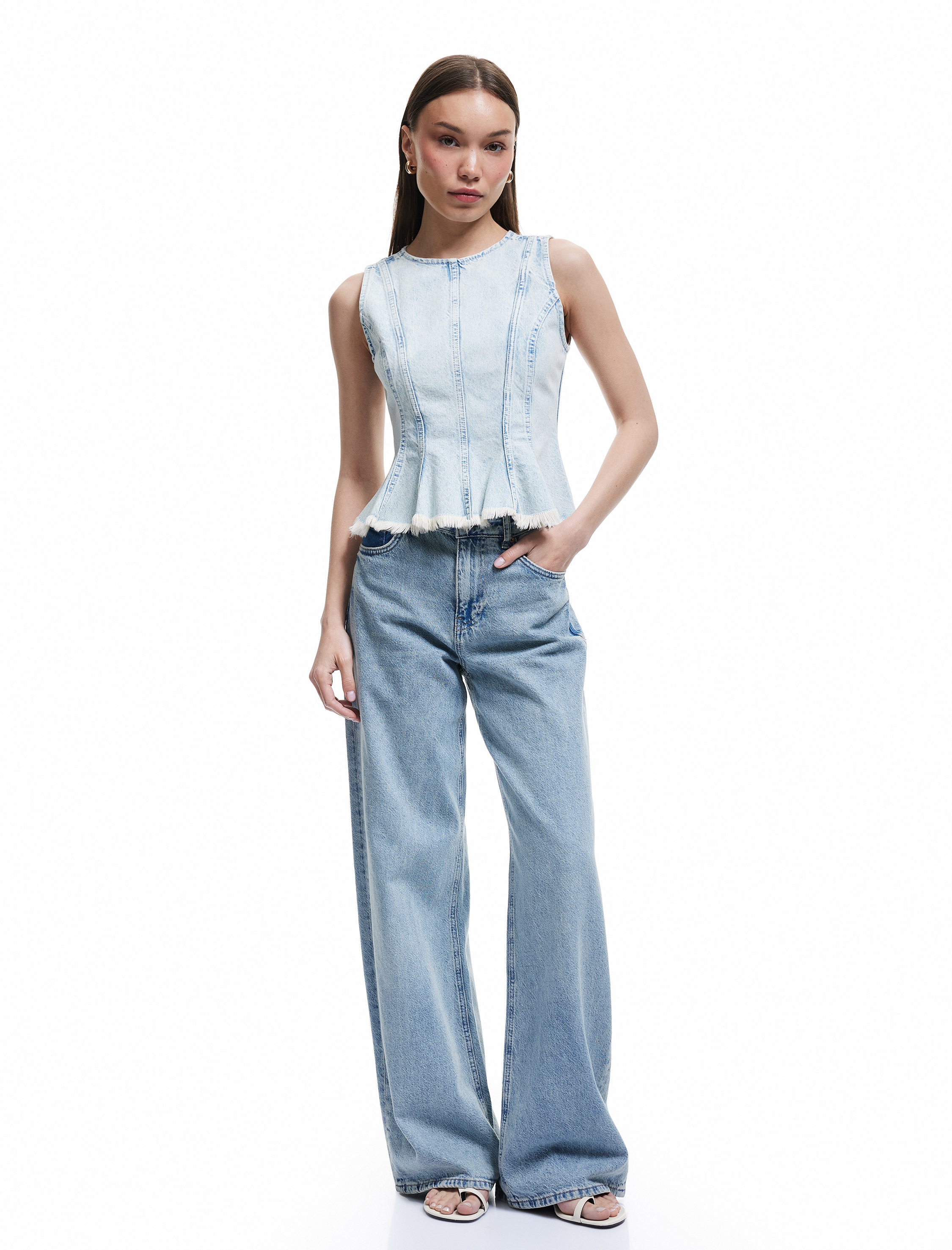   Fermuar Detaylı Bisiklet Yaka Kolsuz Denim Atlet