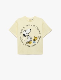Snoopy Baskılı Bisiklet Yaka Kısa Kollu Pamuklu Lisanslı Tişört
