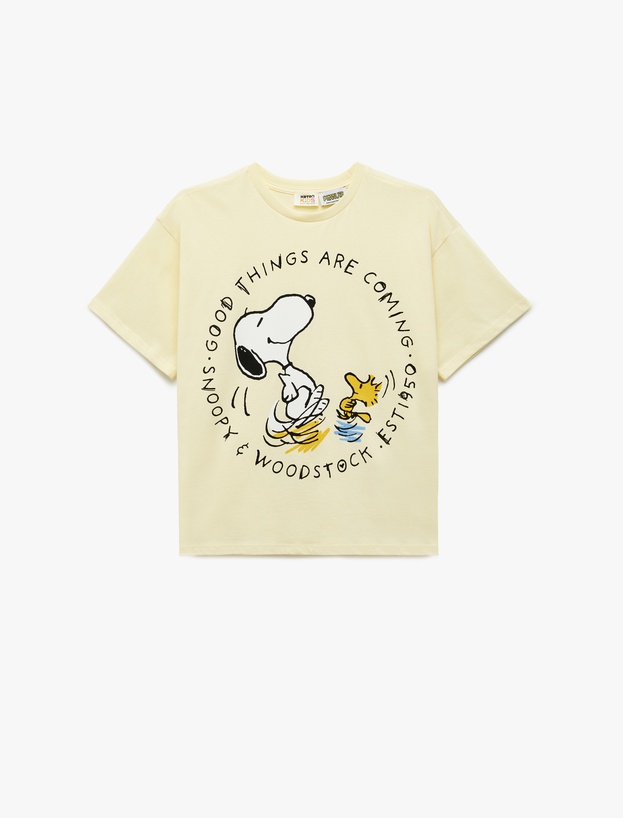 Snoopy Baskılı Bisiklet Yaka Kısa Kollu Pamuklu Lisanslı Tişört_0