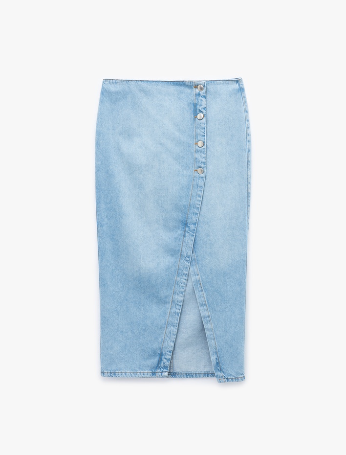  Düğme Detaylı Yırtmaçlı Midi Denim Etek
