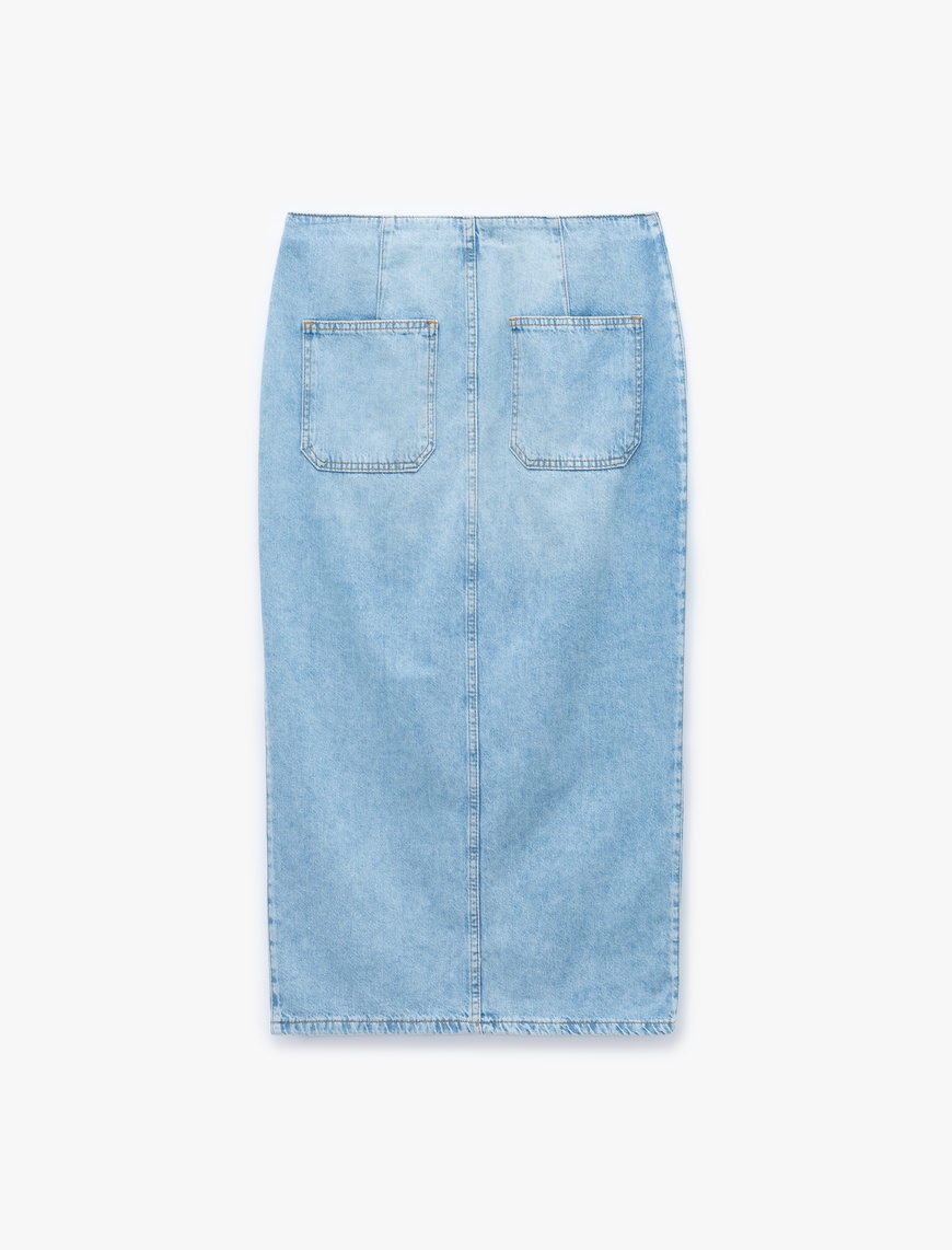   Düğme Detaylı Yırtmaçlı Midi Denim Etek