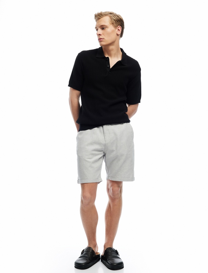  Düğmeli Bermuda Cepli Katlamalı Paça Keten Pamuk Karışımlı Chino Şort