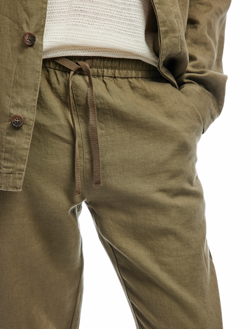   Beli Bağcıklı Cep Detaylı Keten Chino Pantolon
