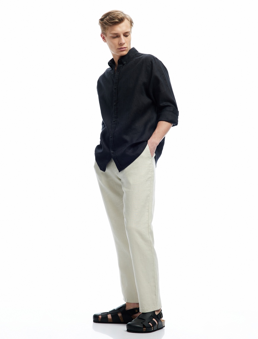   Beli Bağcıklı Cep Detaylı Keten Chino Pantolon