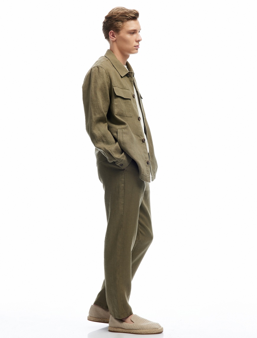   Beli Bağcıklı Cep Detaylı Keten Chino Pantolon