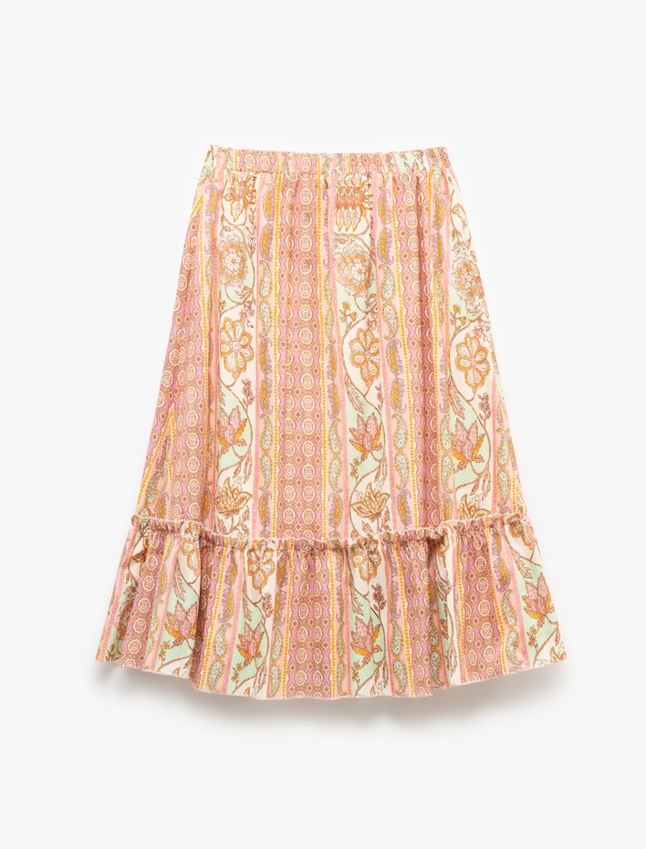 Kız Çocuk Kat Detaylı Pamuklu Desenli Midi Etek