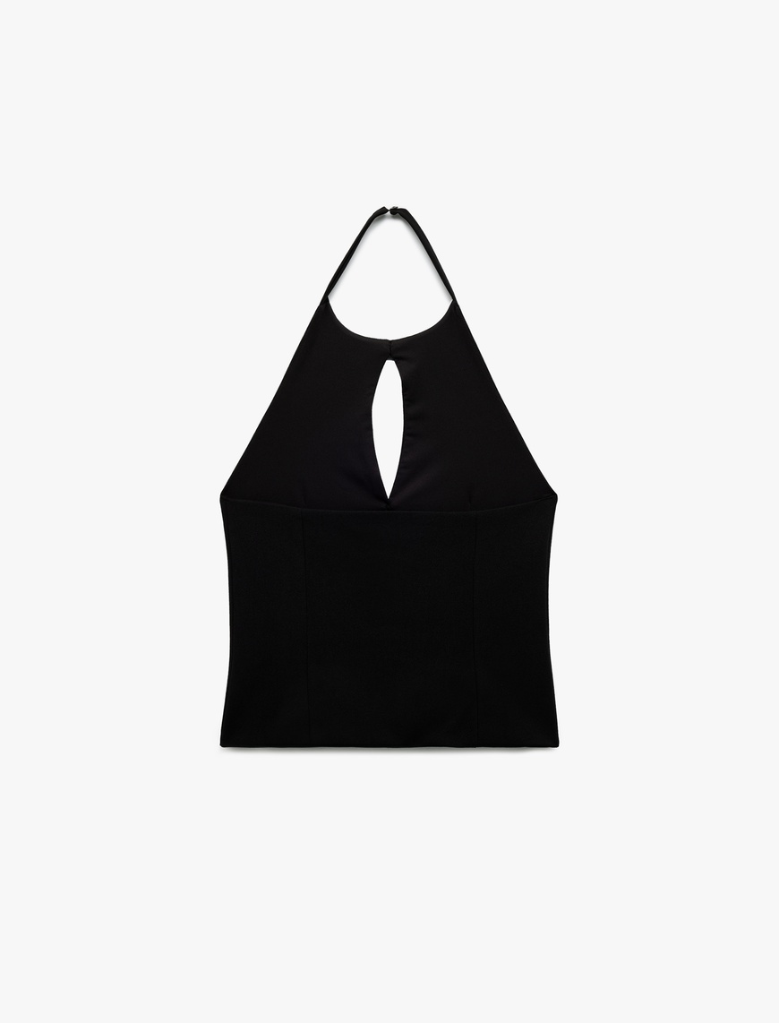   Krep Scuba Kumaş Pencere Detaylı Fiyonklu Halter Yaka Bluz