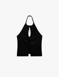Krep Scuba Kumaş Pencere Detaylı Fiyonklu Halter Yaka Bluz