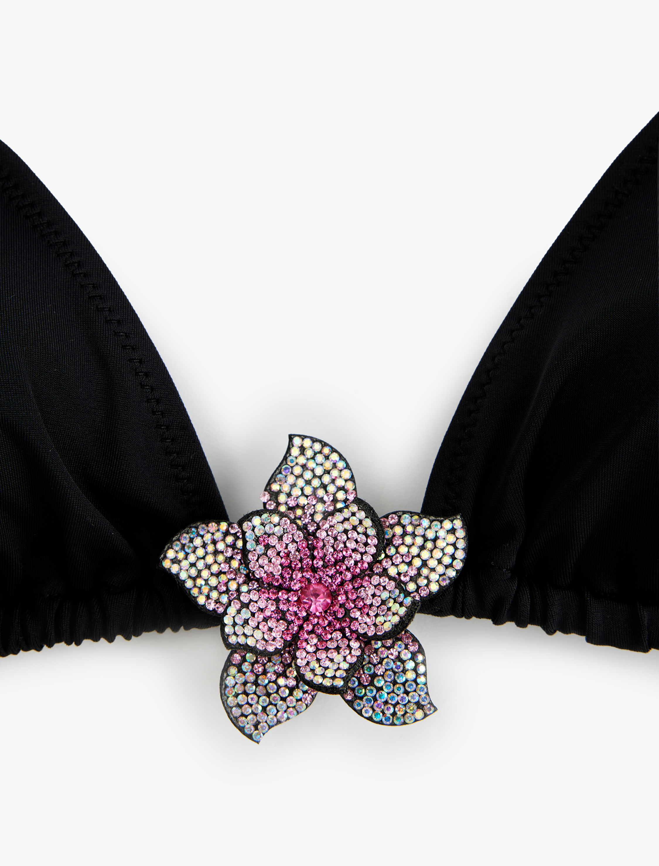   Taşlı Çiçek Aksesuar Detaylı Üçgen Bikini Üstü