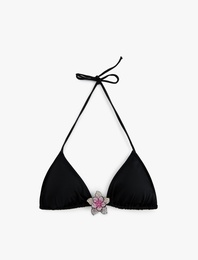 Taşlı Çiçek Aksesuar Detaylı Üçgen Bikini Üstü