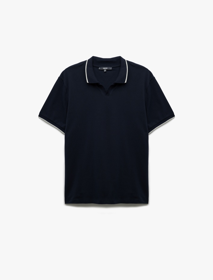 Kontrast Detaylı Pamuklu Pike Kumaş Kısa Kollu Slim Fit Polo Yaka Tişört