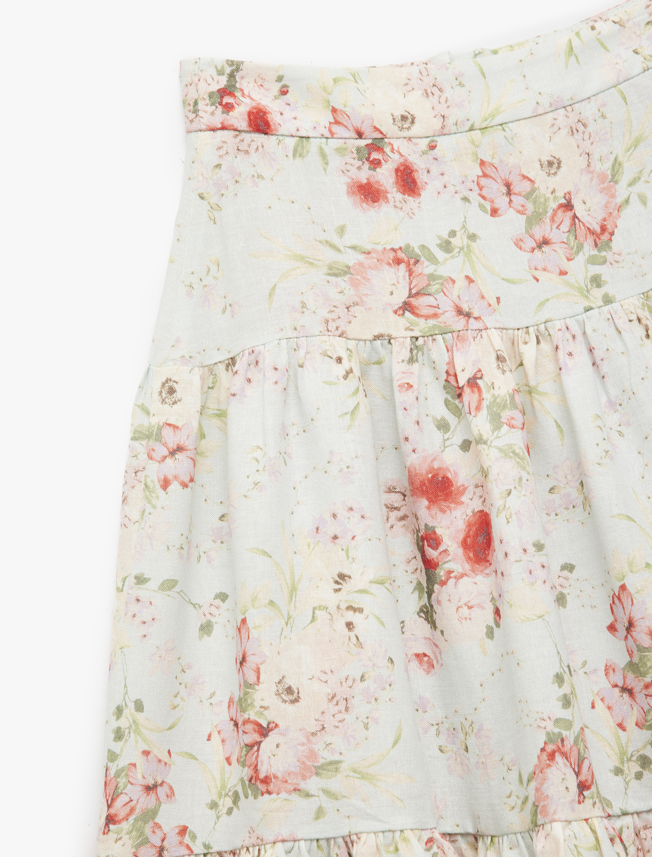  Kız Çocuk Viskon ve Keten Karışımlı Yüksek Belli Çiçekli Midi Etek