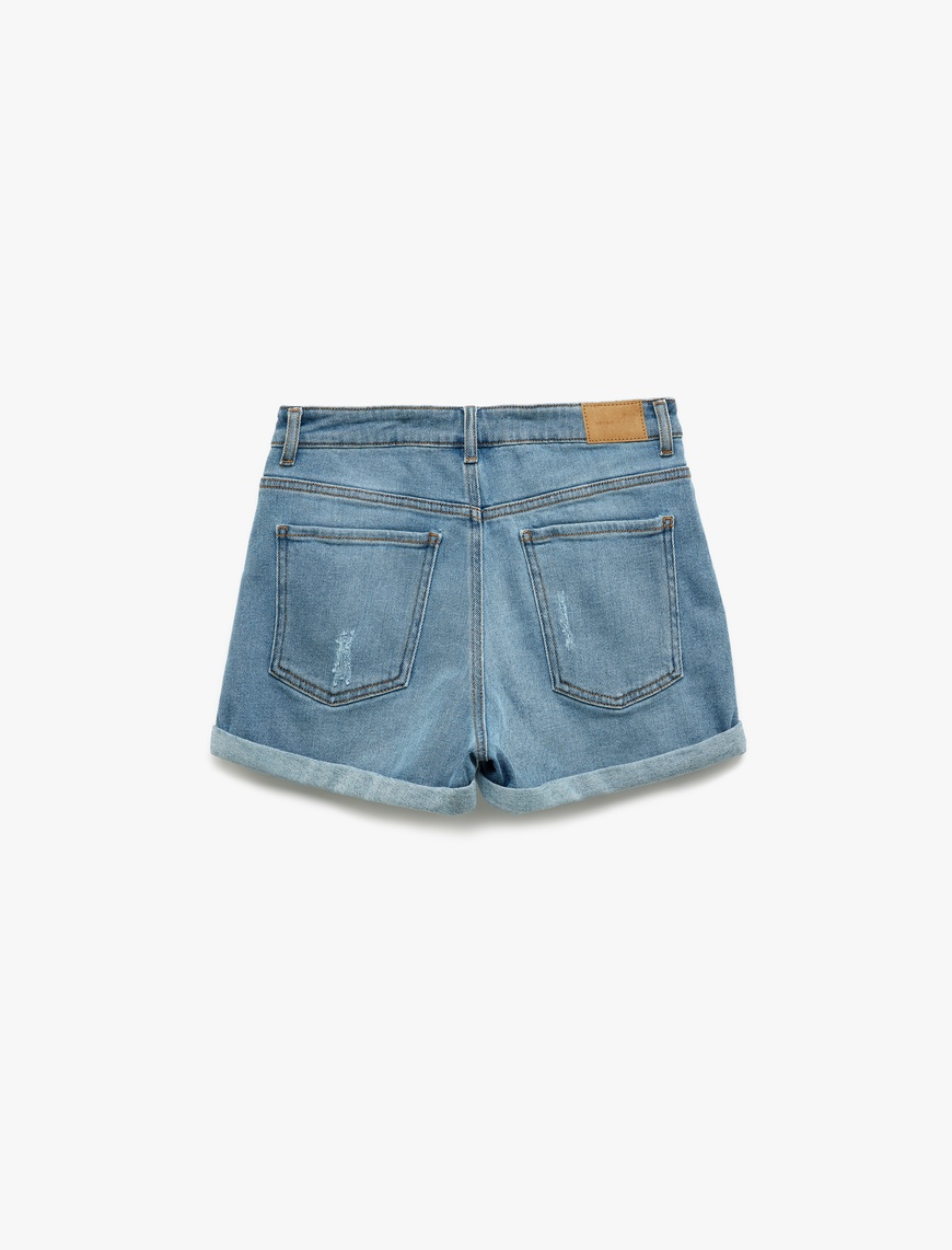   Mini Kot Şort Yüksek Bel Skinny Fit Yıpratılmış Cepli