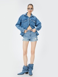 Mini Kot Şort Yüksek Bel Skinny Fit Yıpratılmış Cepli