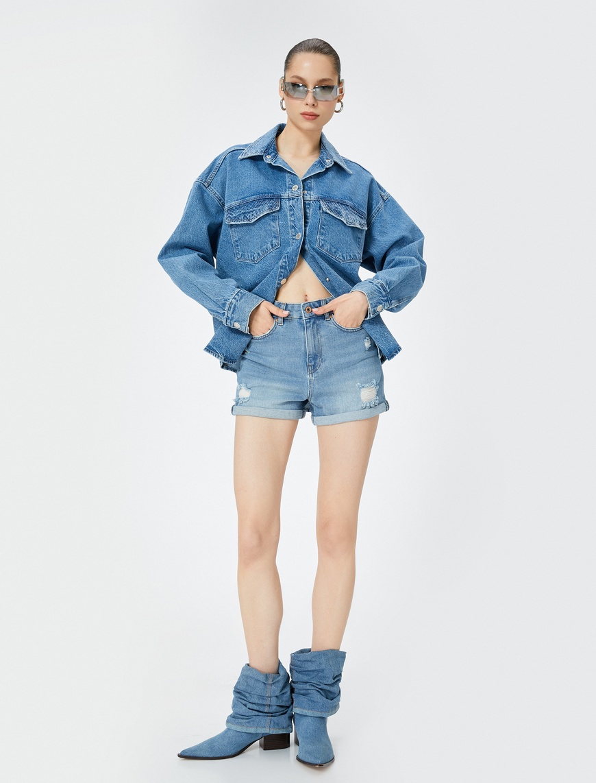   Mini Kot Şort Yüksek Bel Skinny Fit Yıpratılmış Cepli