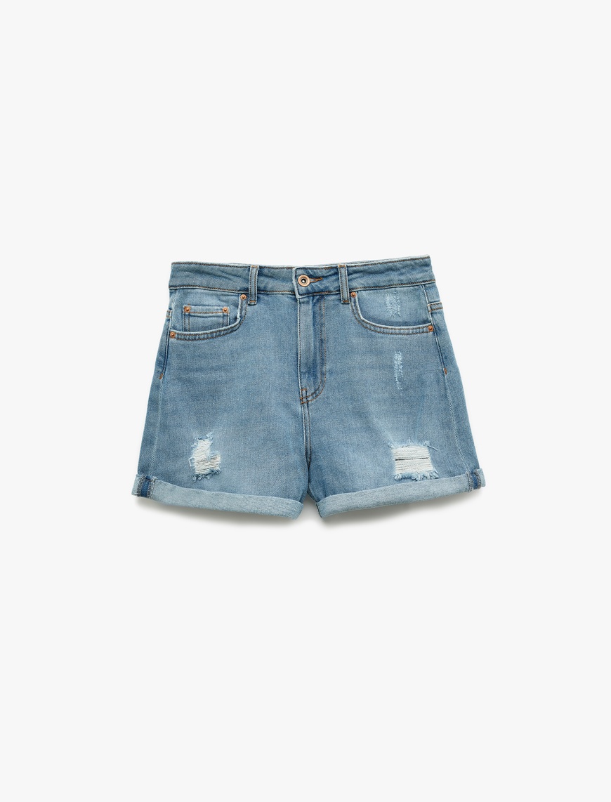   Mini Kot Şort Yüksek Bel Skinny Fit Yıpratılmış Cepli