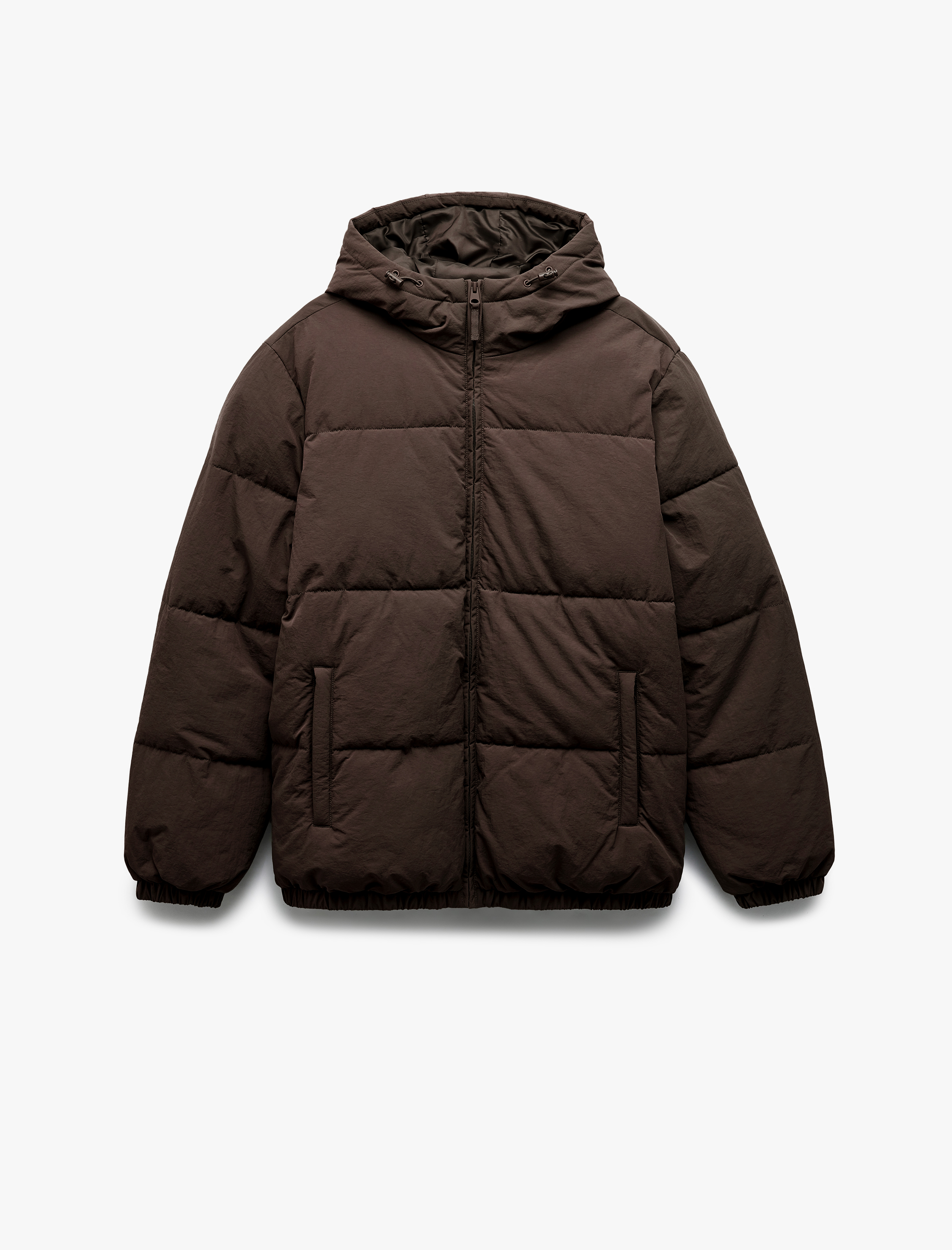 Uzun Kollu Cep Detaylı Fermuarlı Kapşonlu Kışlık Şişme Mont