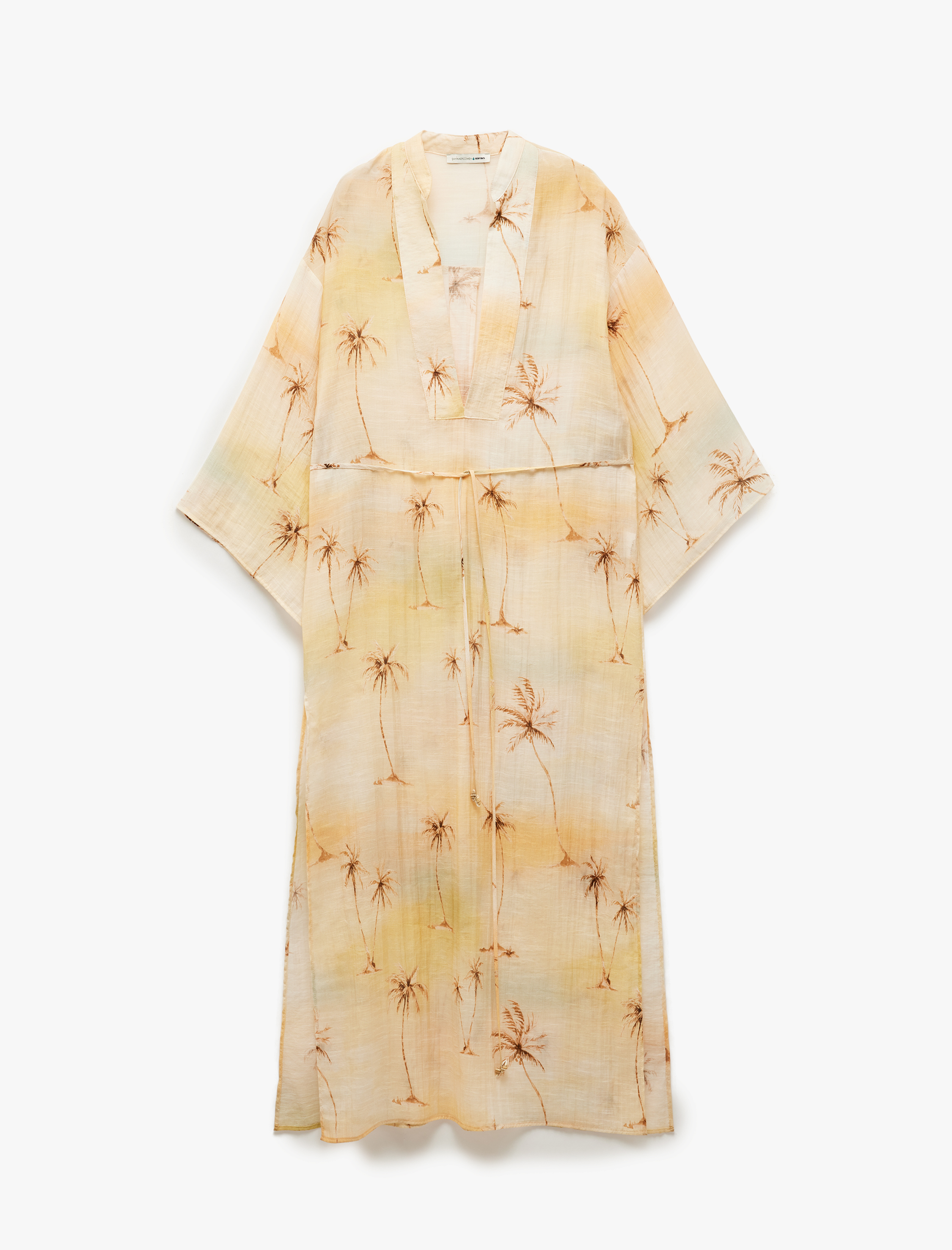   Koton X Şahika Ercümen - Uzun Geniş Kollu Yırtmaçlı V Yaka Transparan Desenli Plaj Elbisesi