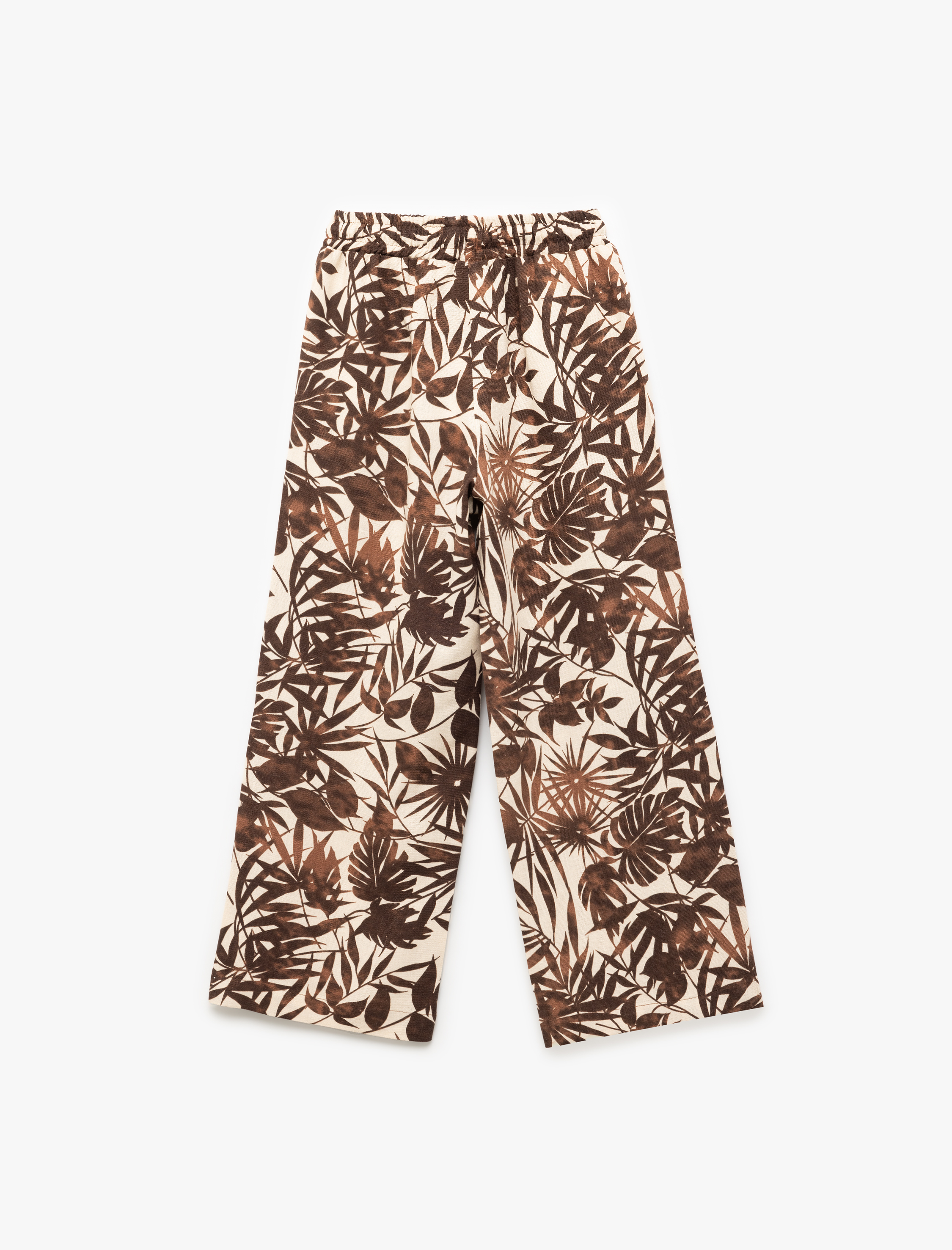  Kız Çocuk Viskon ve Keten Karışımlı Yaprak Desenli Geniş Paça Pantolon