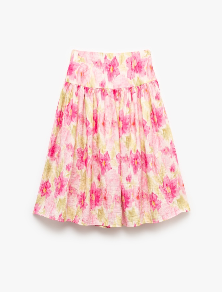 Kız Çocuk Viskon Karışımlı Yüksek Bel Çiçekli Midi Etek