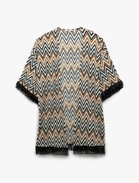 Rahat Kalıp Püsküllü Geometrik Desenli Uzun Kimono