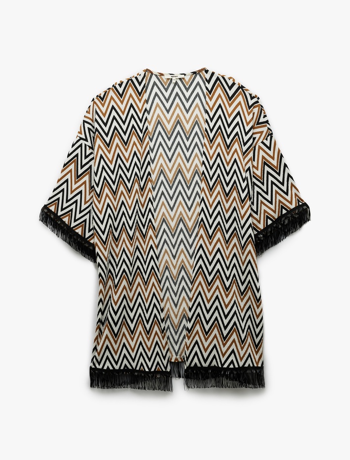  Rahat Kalıp Püsküllü Geometrik Desenli Uzun Kimono