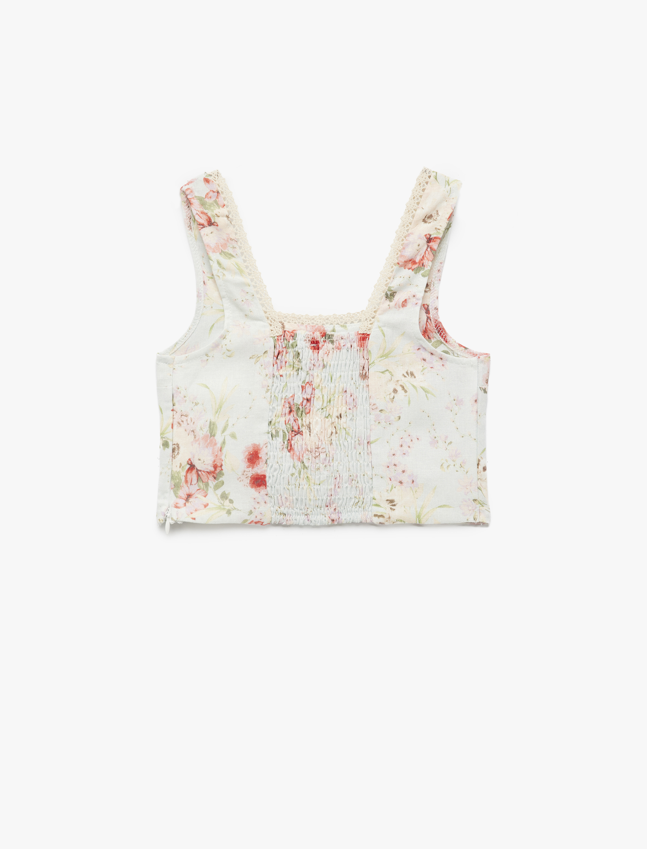  Kız Çocuk Kare Yaka Viskon ve Keten Karışımlı Gipeli Çiçekli Crop Bluz