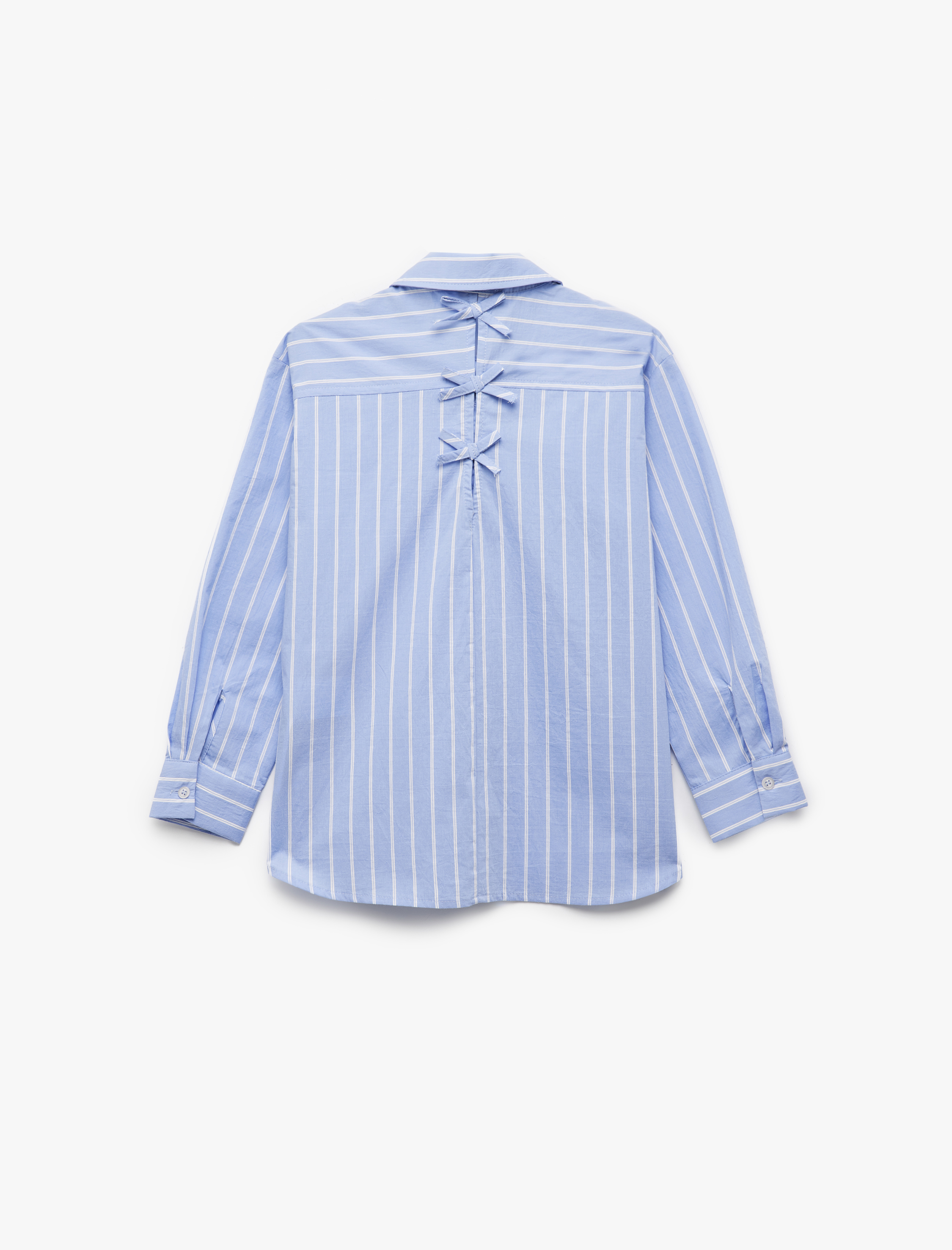  Kız Çocuk Pamuklu Arkası Fiyonk Detaylı Uzun Kollu Çizgili Gömlek