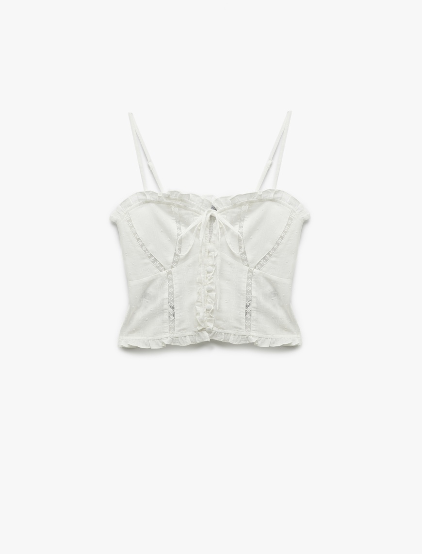   Koton X Sibil Çetinkaya - Pamuklu Dantel Detaylı Fırfırlı İnce Askılı Crop Bluz