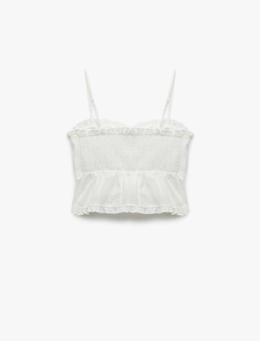   Koton X Sibil Çetinkaya - Pamuklu Dantel Detaylı Fırfırlı İnce Askılı Crop Bluz