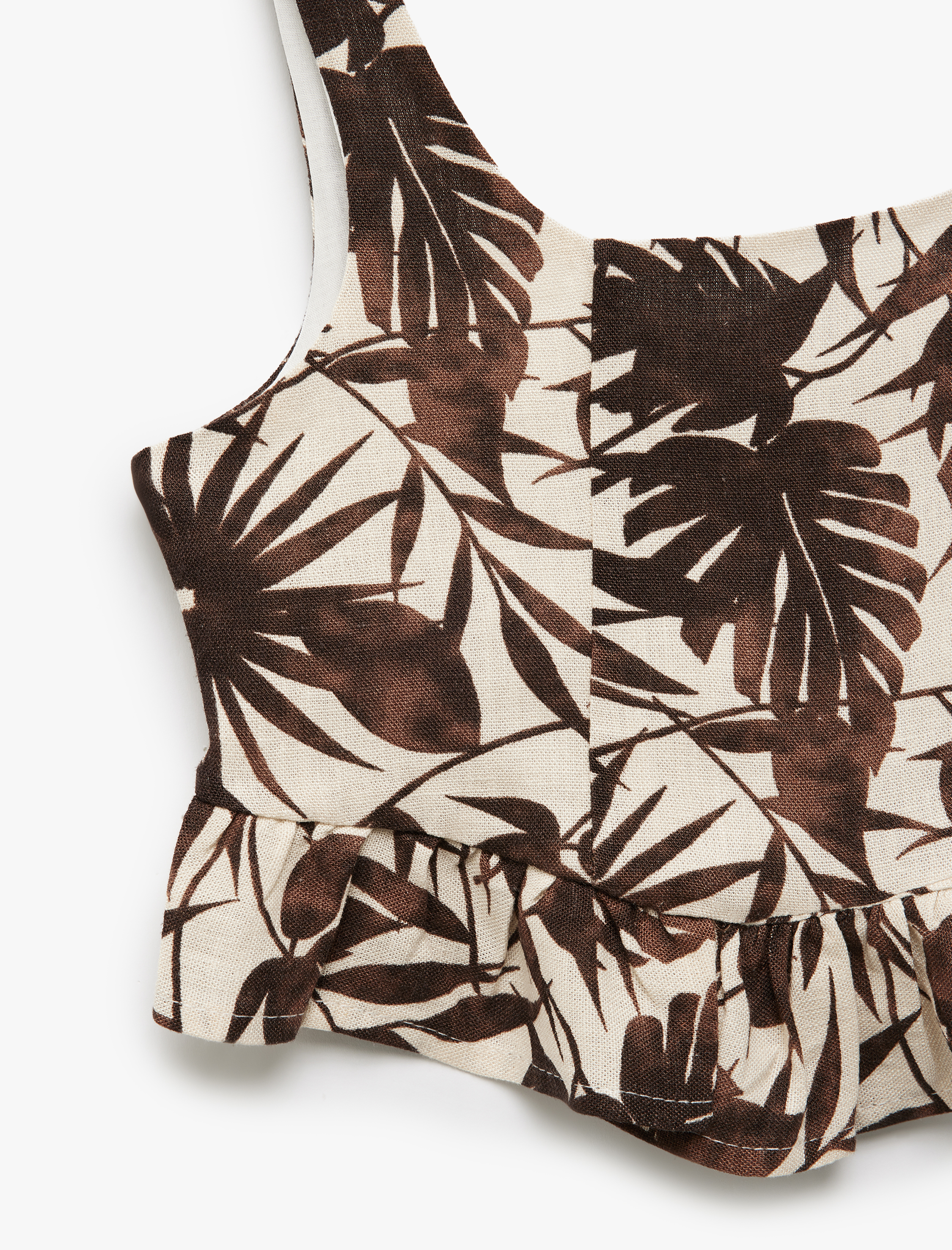  Kız Çocuk Viskon ve Keten Karışımlı Kare Yaka Desenli Askılı Crop Bluz