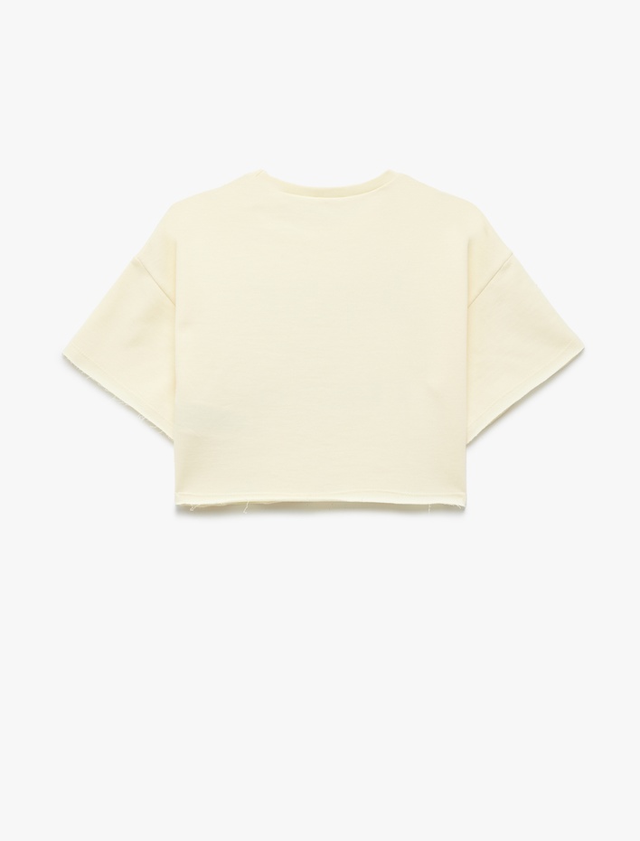 Kız Çocuk Pamuklu Kısa Kollu Bisiklet Yaka Baskılı Crop Tişört