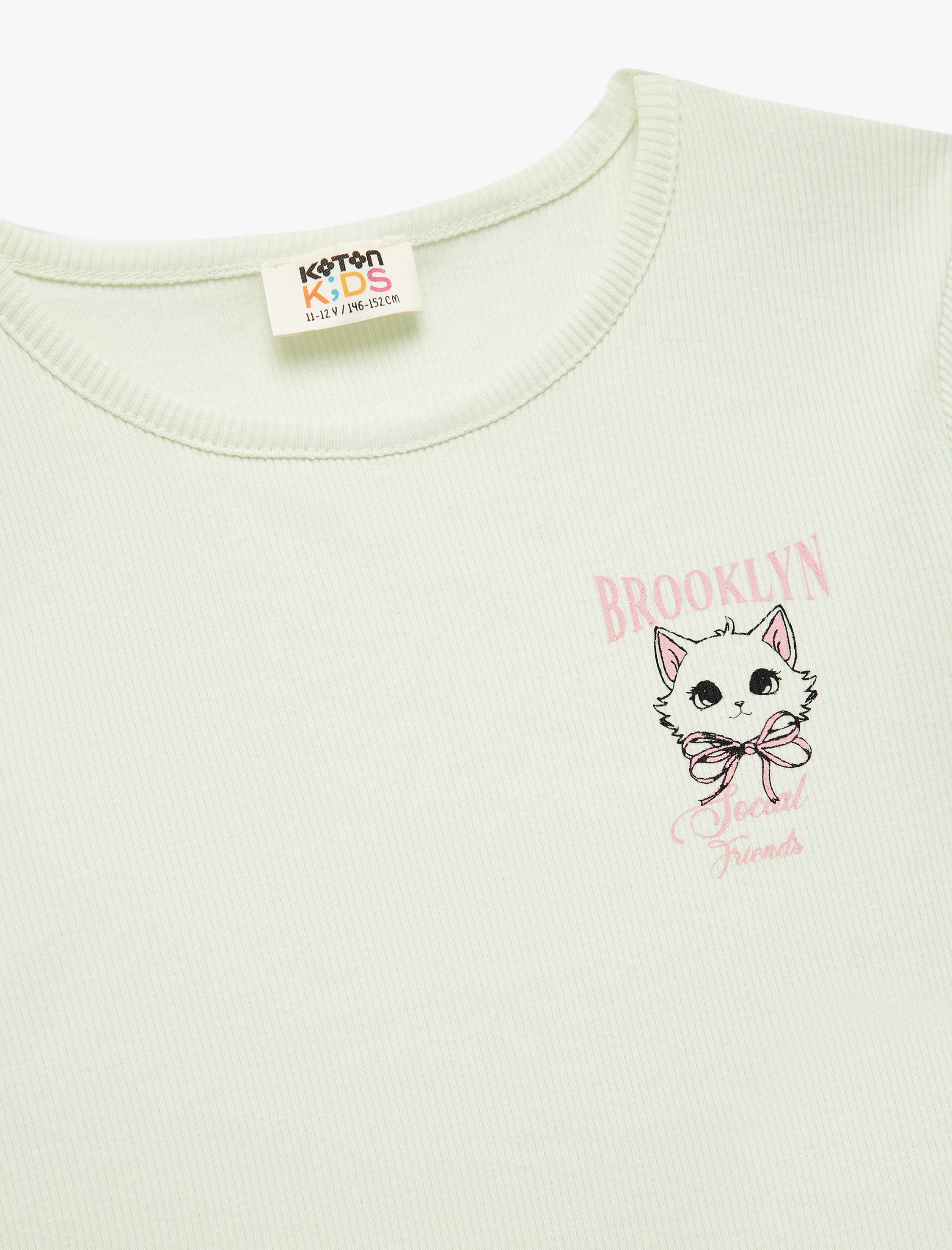  Kız Çocuk Kedi Baskılı Kısa Kollu Bisiklet Yaka Pamuklu Crop Tişört