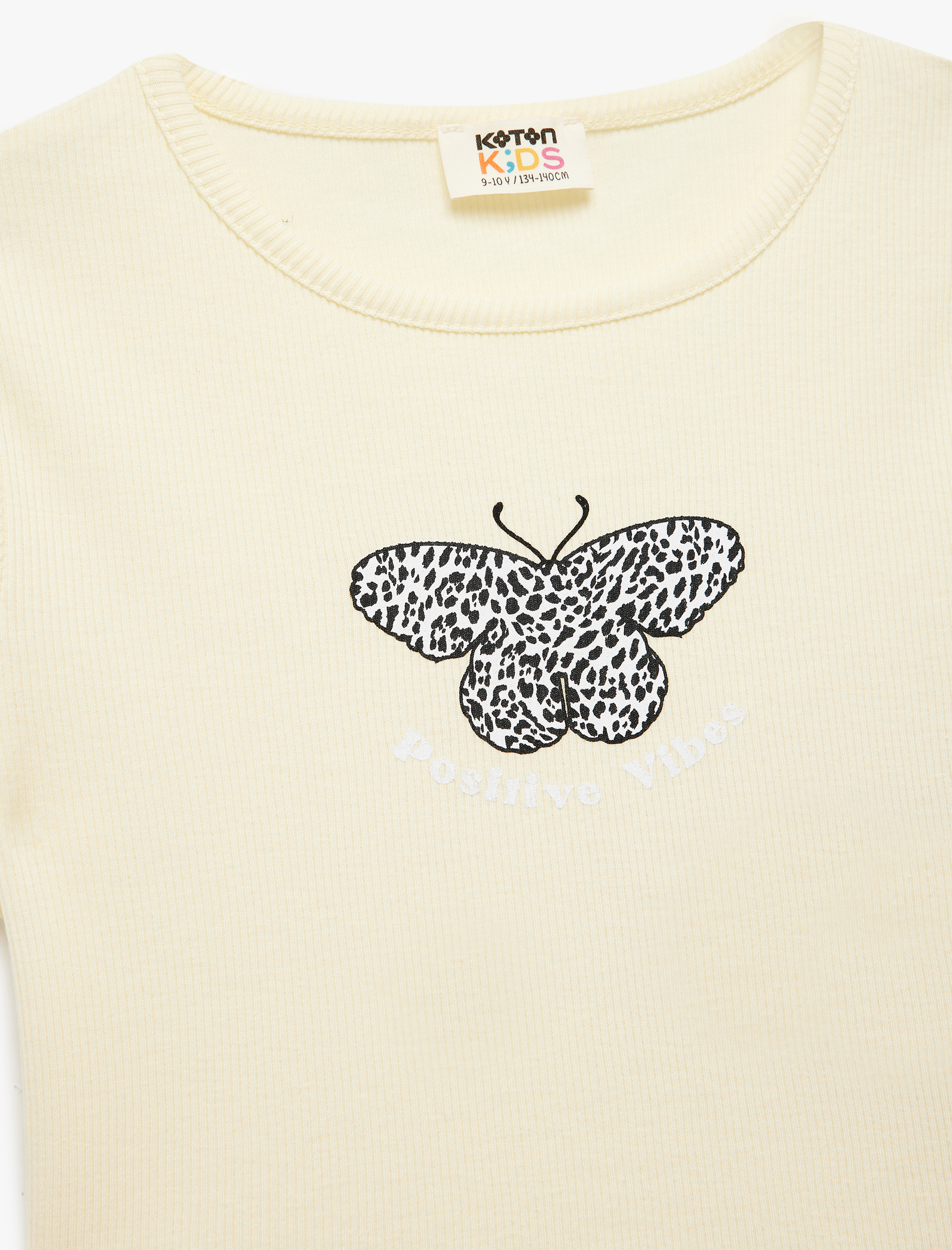  Kız Çocuk Kelebek Baskılı Kısa Kollu Bisiklet Yaka Pamuklu Crop Tişört
