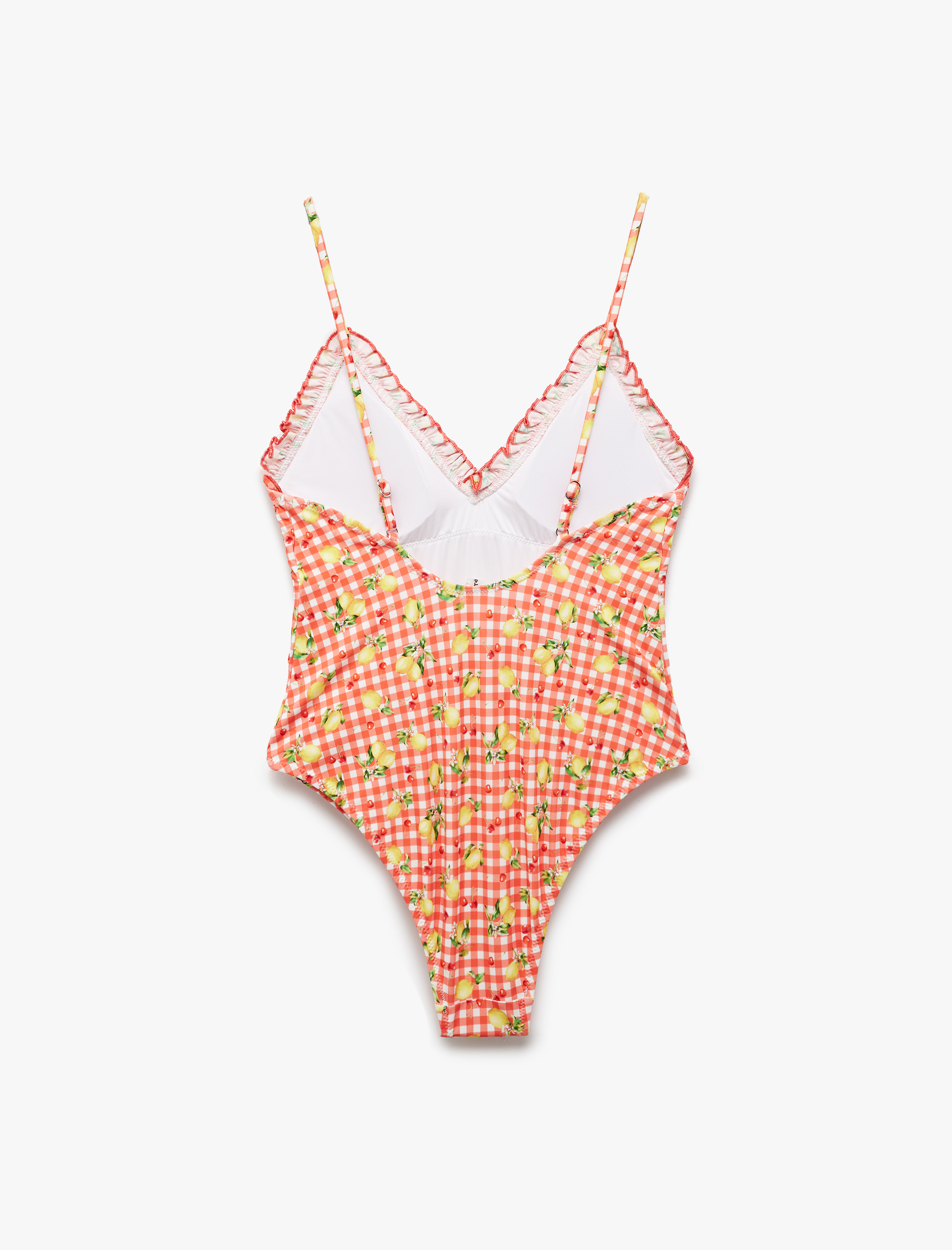   Koton X Sibil Çetinkaya - Pötikareli Limon Desenli Fırfır Detaylı İnce Askılı Mayo