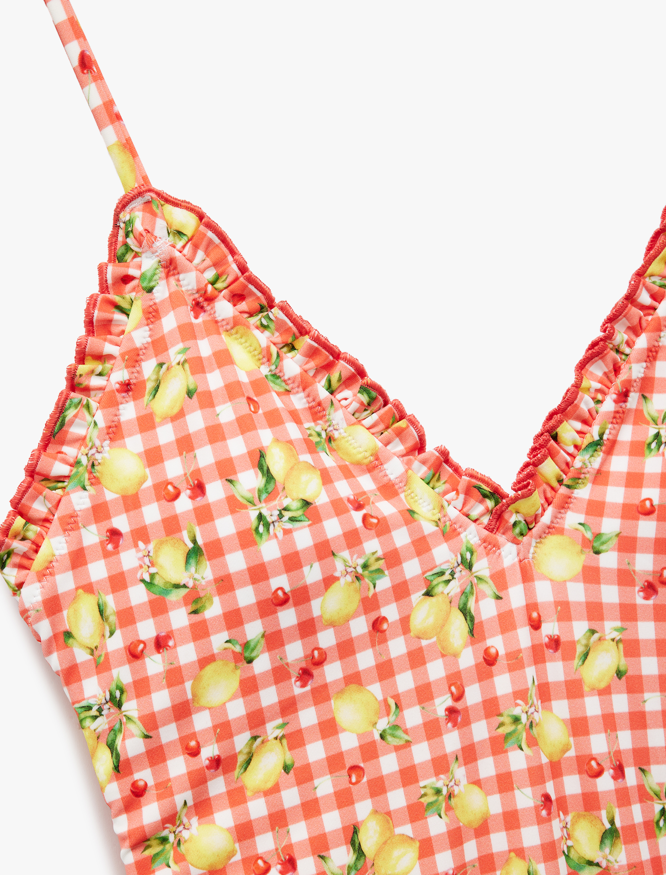   Koton X Sibil Çetinkaya - Pötikareli Limon Desenli Fırfır Detaylı İnce Askılı Mayo