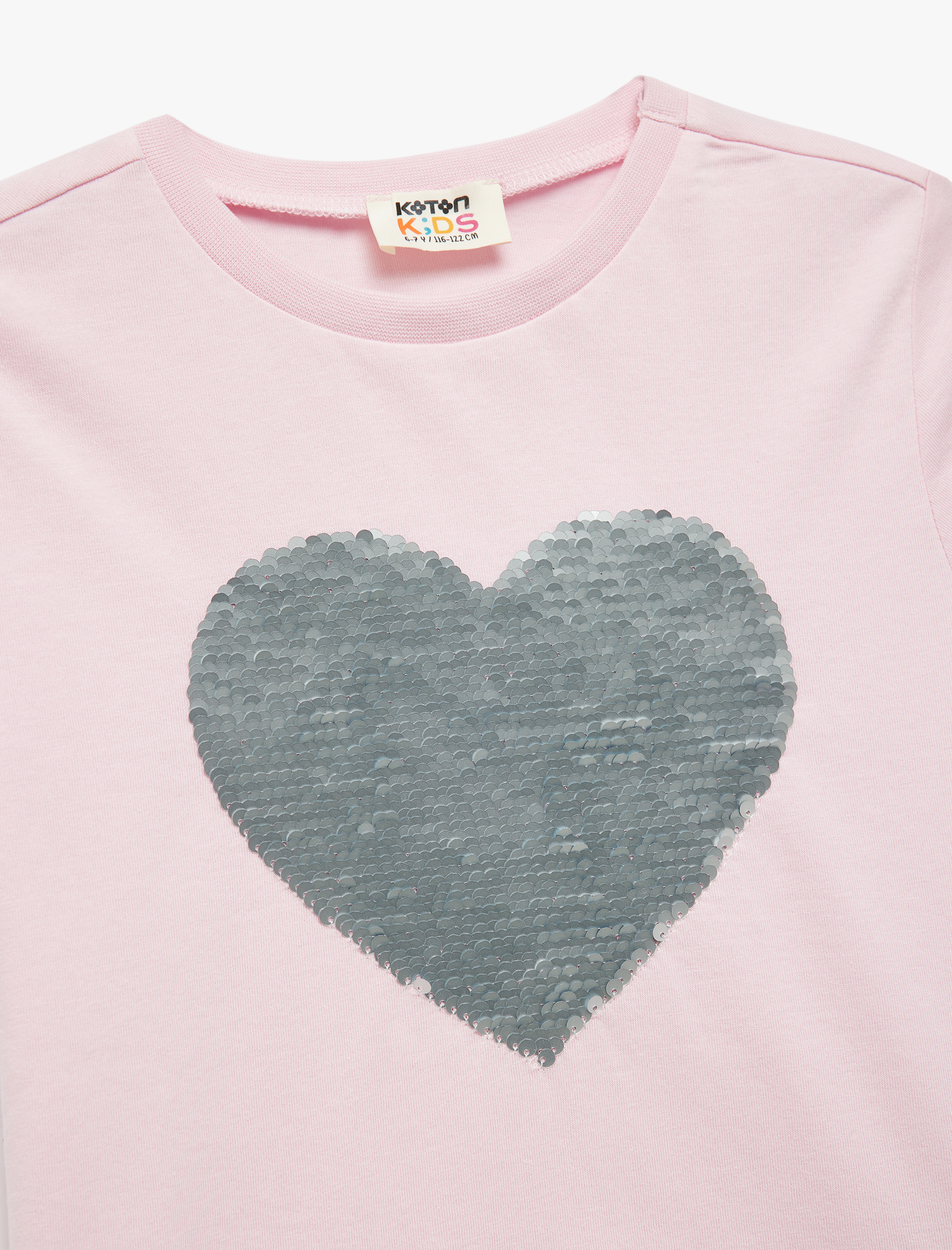  Kız Çocuk Pamuklu Kalp Desenli Pullu Payetli Kısa Kollu Bisiklet Yaka Tişört