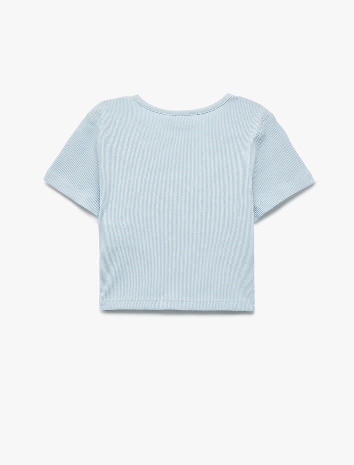 Kız Çocuk Kurdele Baskılı Kısa Kollu Bisiklet Yaka Pamuklu Kaşkorse Crop Tişört