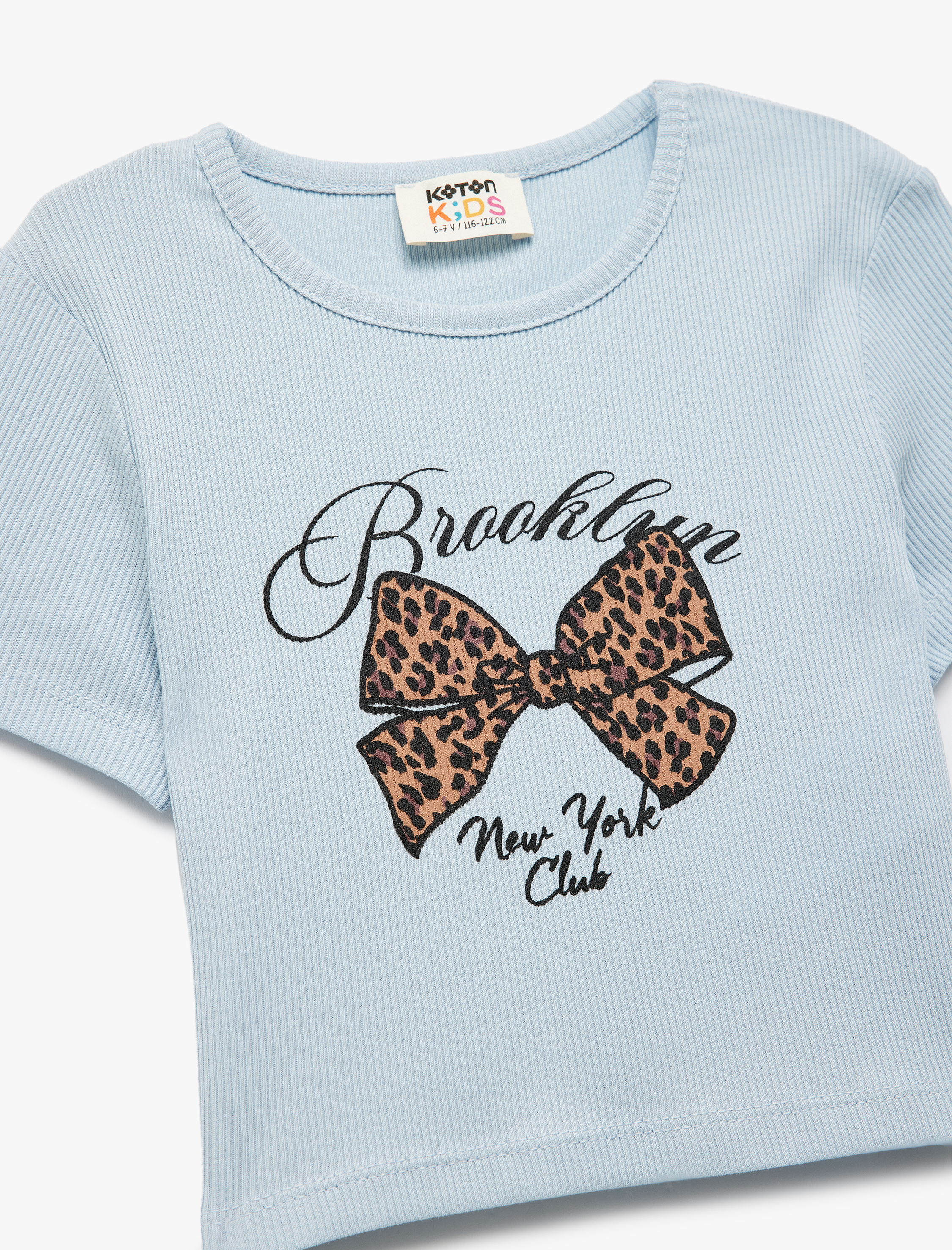  Kız Çocuk Kurdele Baskılı Kısa Kollu Bisiklet Yaka Pamuklu Kaşkorse Crop Tişört