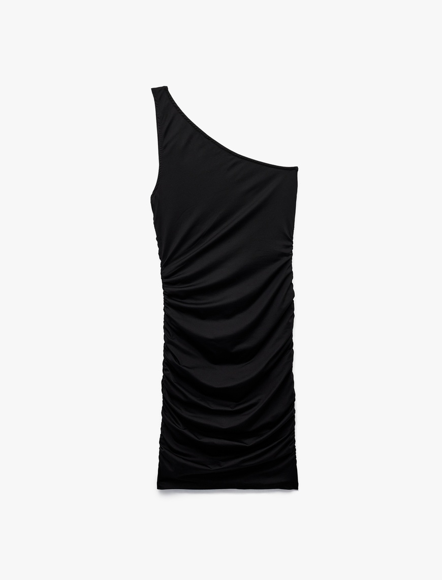  Drapeli Slim Fit Asimetrik Tek Omuz Elbise