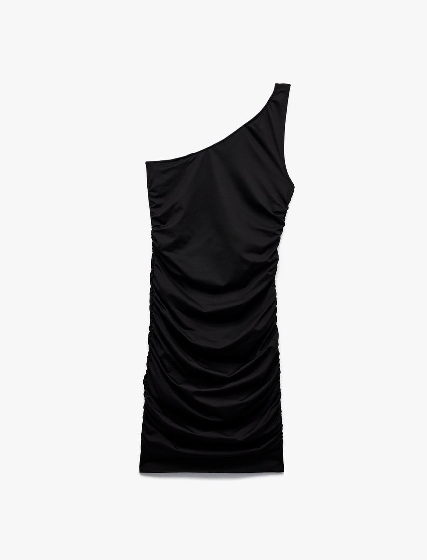   Drapeli Slim Fit Asimetrik Tek Omuz Elbise