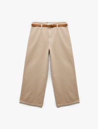 Düğmeli Kesik Geniş Paça Kemerli Pantolon - Wide Leg Jeans